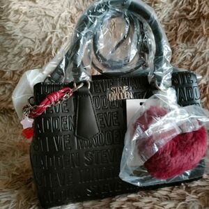 Steve Madden Black Embossed Satchel with Red Charm